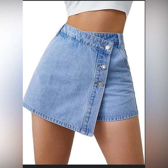 FLVSUN Women's Denim High Waisted Solid Button Up Asymmetrical Skort Size 4 - Picture 1 of 12